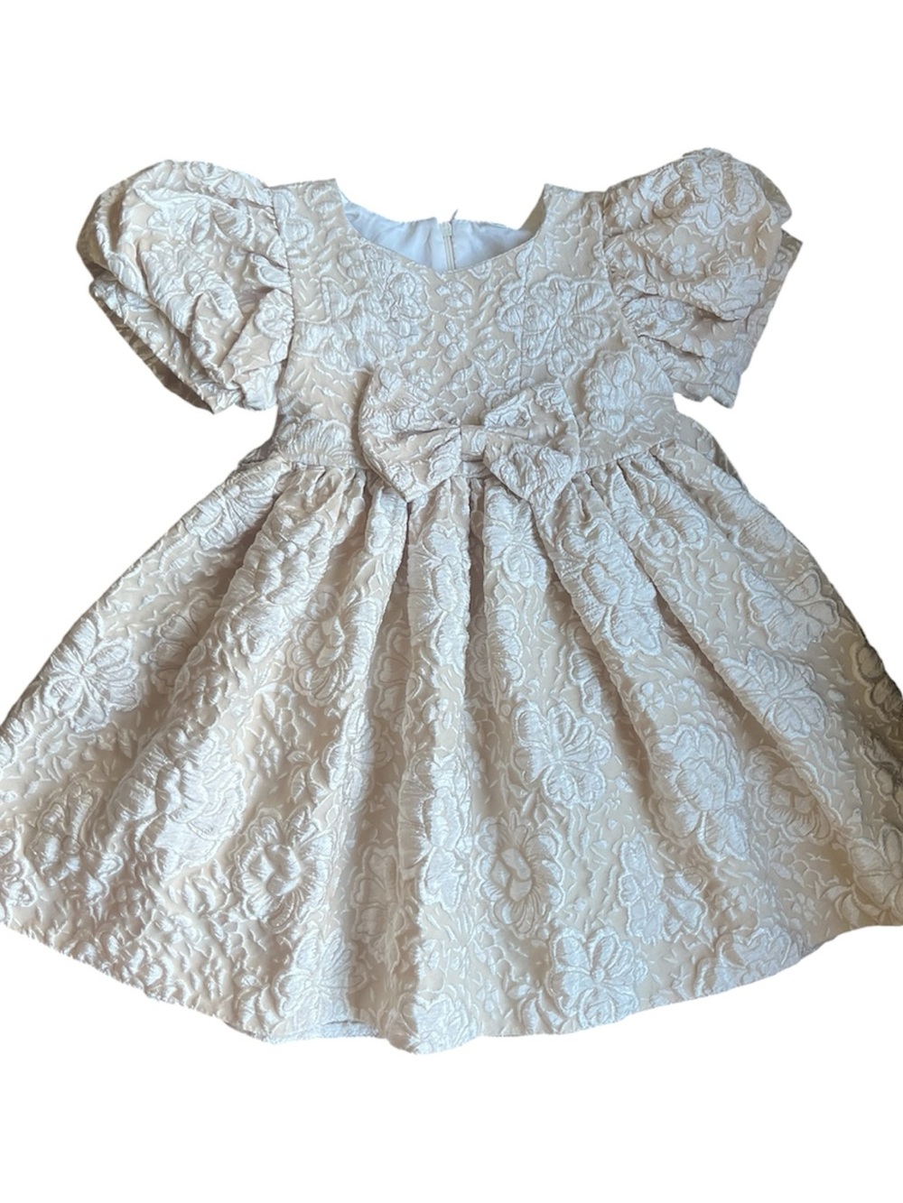 Girls Formal Bow-Accent Lace Jacquard Dress in Cream